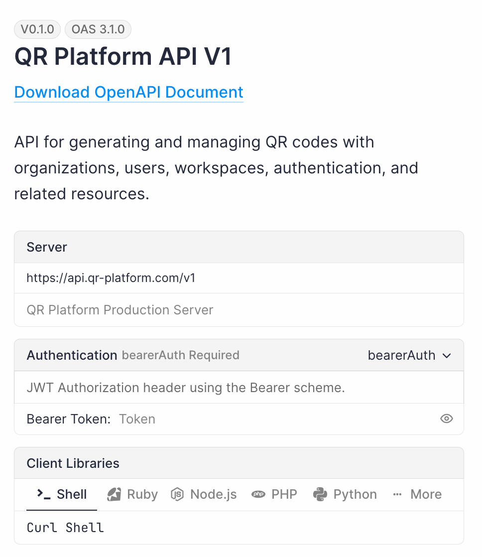 Open API Documentation Introduction - QR Platform developer tools and endpoints overview